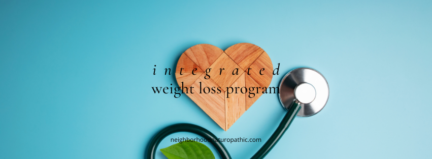 stethoscope and heart representing a naturopathic approach to weight loss and weight management with the overlay of words reading: Integrated Weight Loss Program at Negihborhood Naturopathic in St Paul Minnesota