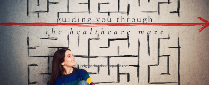 woman with thyroid disease looking at a maze trying to navigate a path through the confusing conventional health care system, and an overlay of words "guiding you through the healthcare maze" to indicate an alternative naturopathic approach to thyroid health including functional testing and holistic health care.