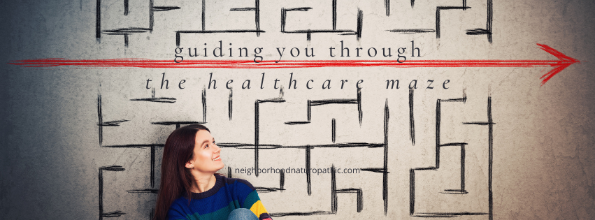 woman with thyroid disease looking at a maze trying to navigate a path through the confusing conventional health care system, and an overlay of words "guiding you through the healthcare maze" to indicate an alternative naturopathic approach to thyroid health including functional testing and holistic health care.