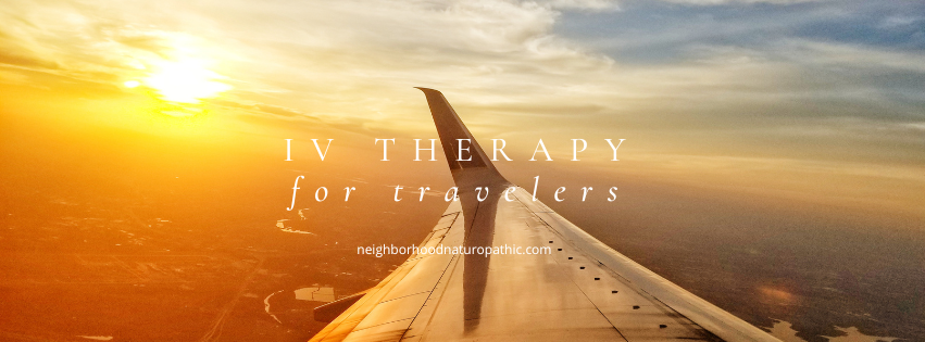 airplane wing above the clouds during sunset to represent holistic health for summer travel with the overlay of words IV nutrient therapy for travelers - Neighborhood Naturopathic in Minneapolis St Paul